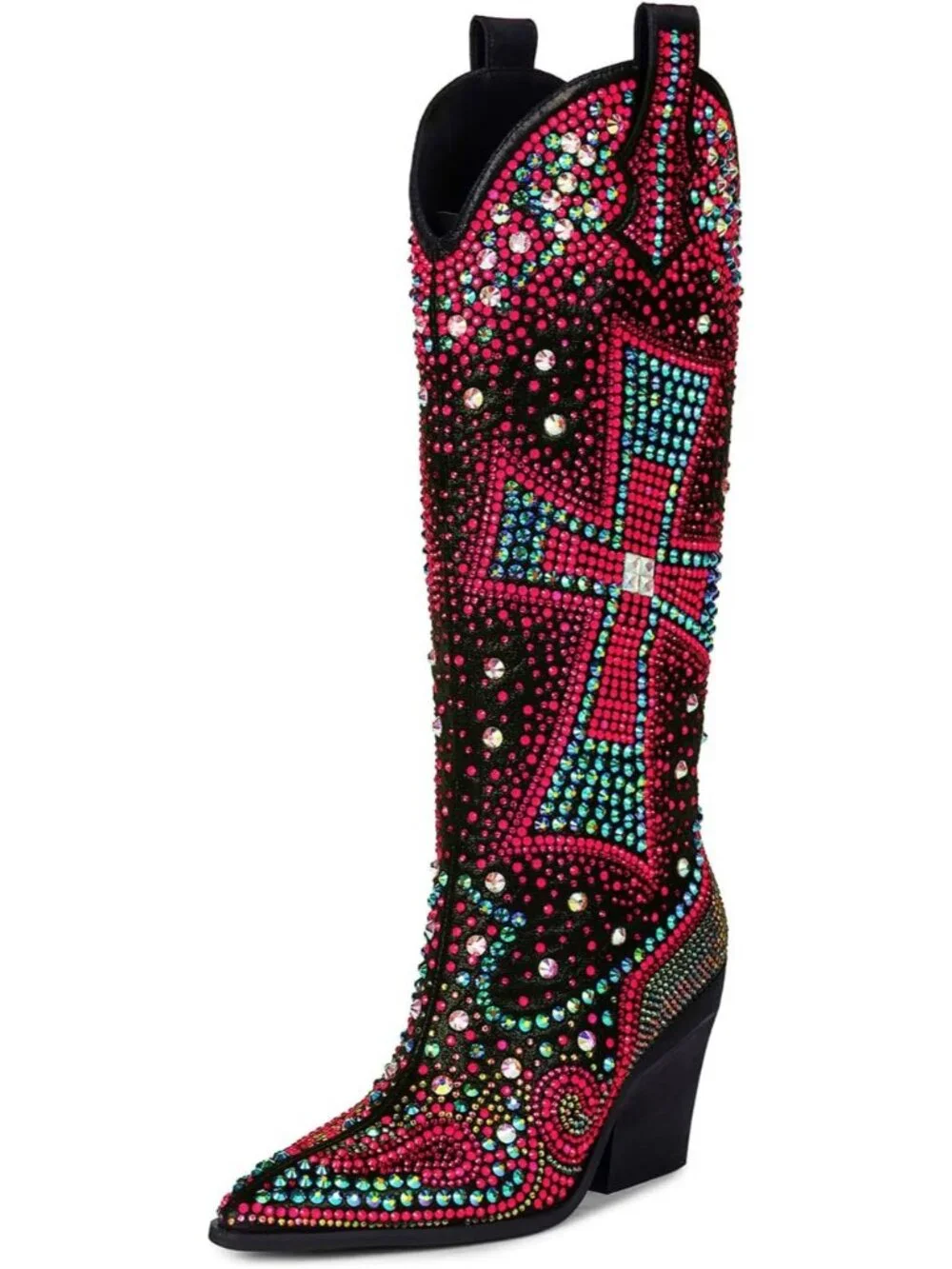 Women's Multi Black Crystal Cross Embellished Pointed Toe Sparkly Cowgirl Boots